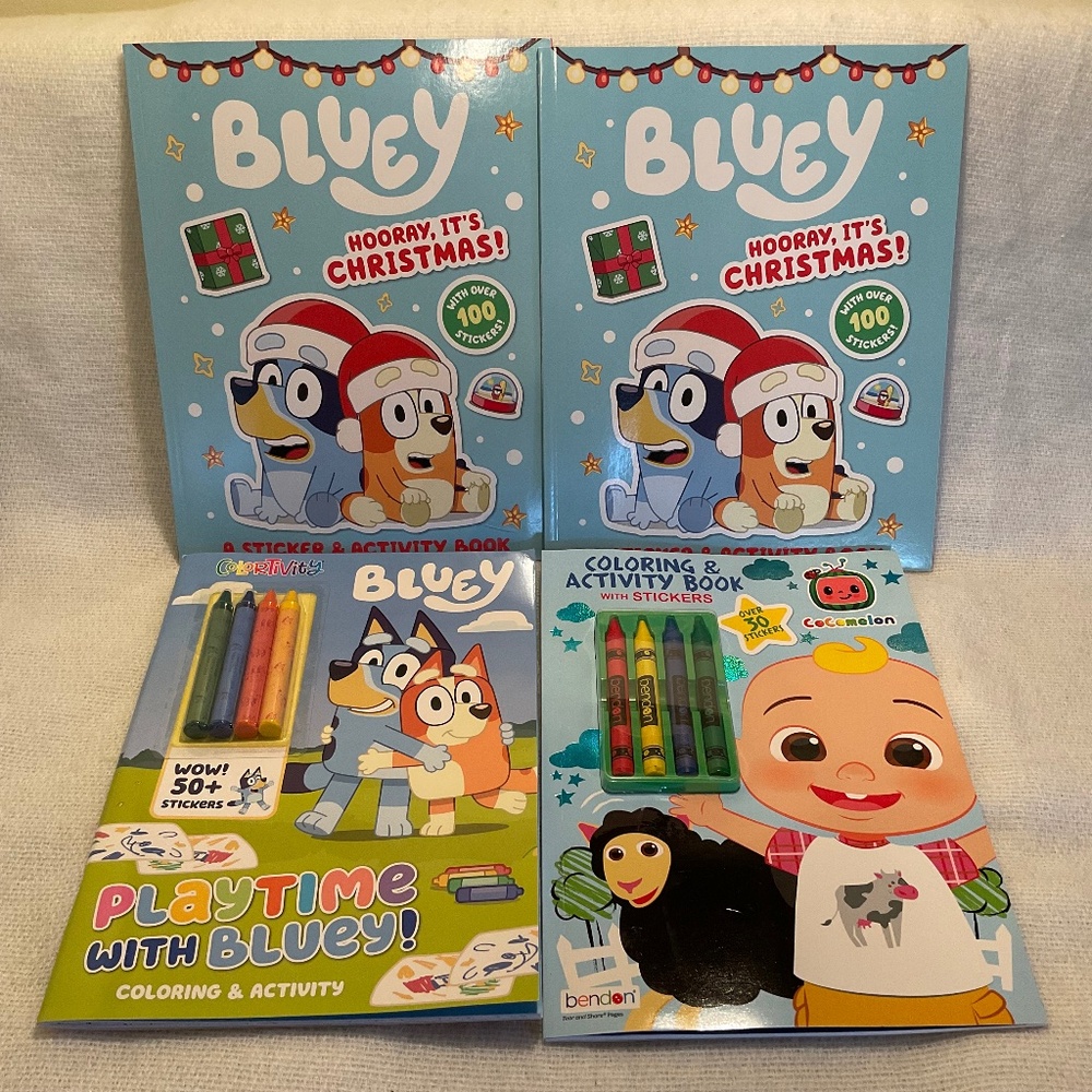 Bluey and Cocomelon Coloring & Sticker Book Bundle (set of 4)